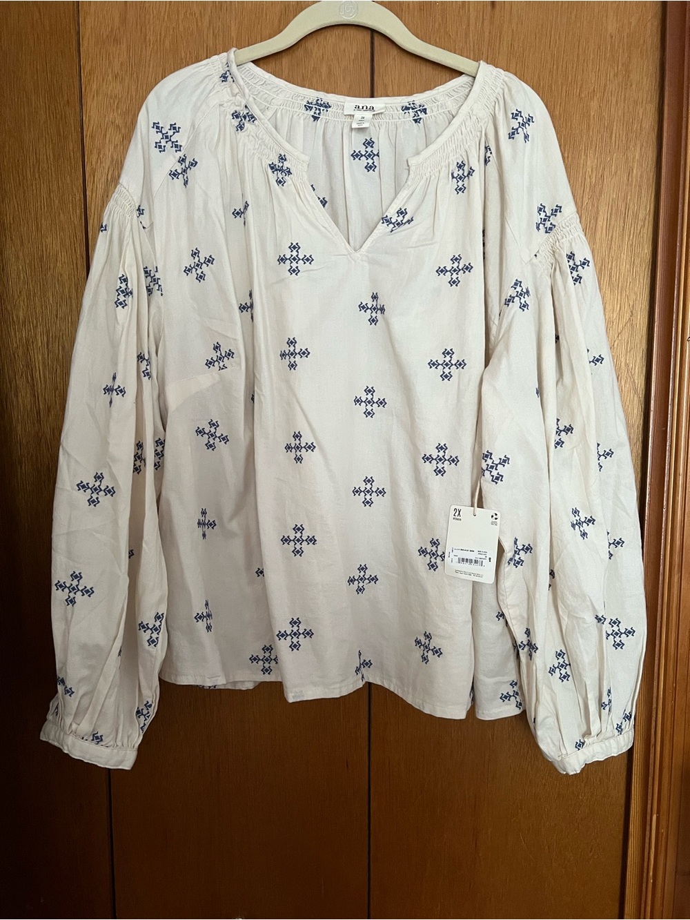 a.n.a Cream Peasant Tunic with Blue Embroidery & Poet Sleeves